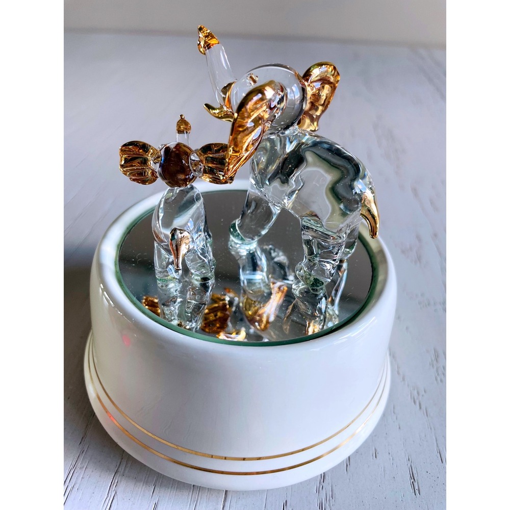 Vtg Glass Elephant Family Music Box White Gold Tone Mirror Base Plays Tune - Picture 4 of 9